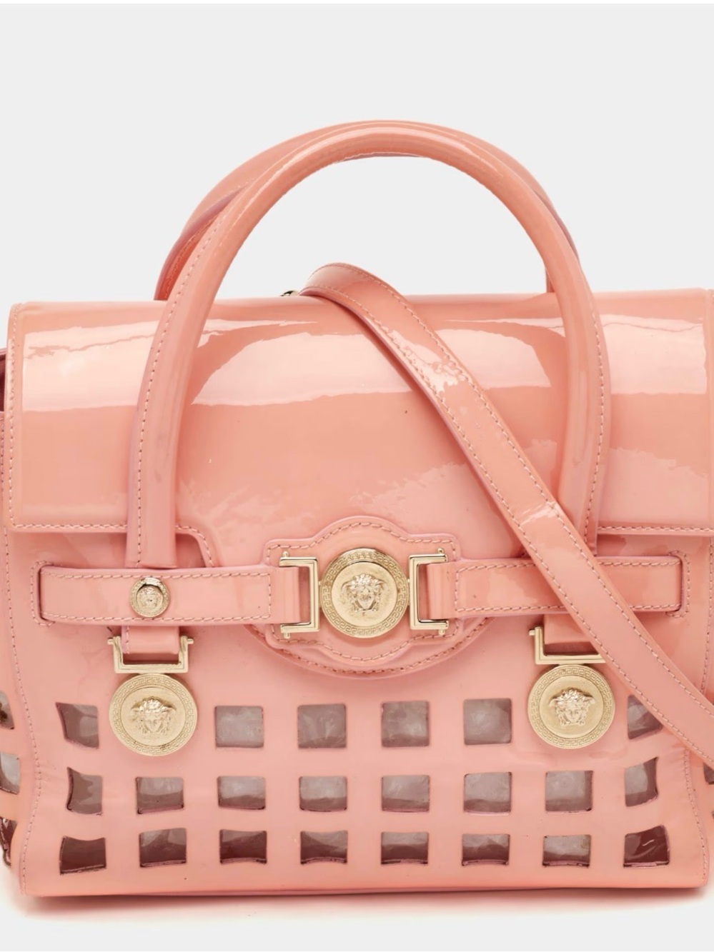 Versace Pink Patent Leather Medusa Cutout Satchel Crossbody Bag Golden Hardware - Picture 4 of 16